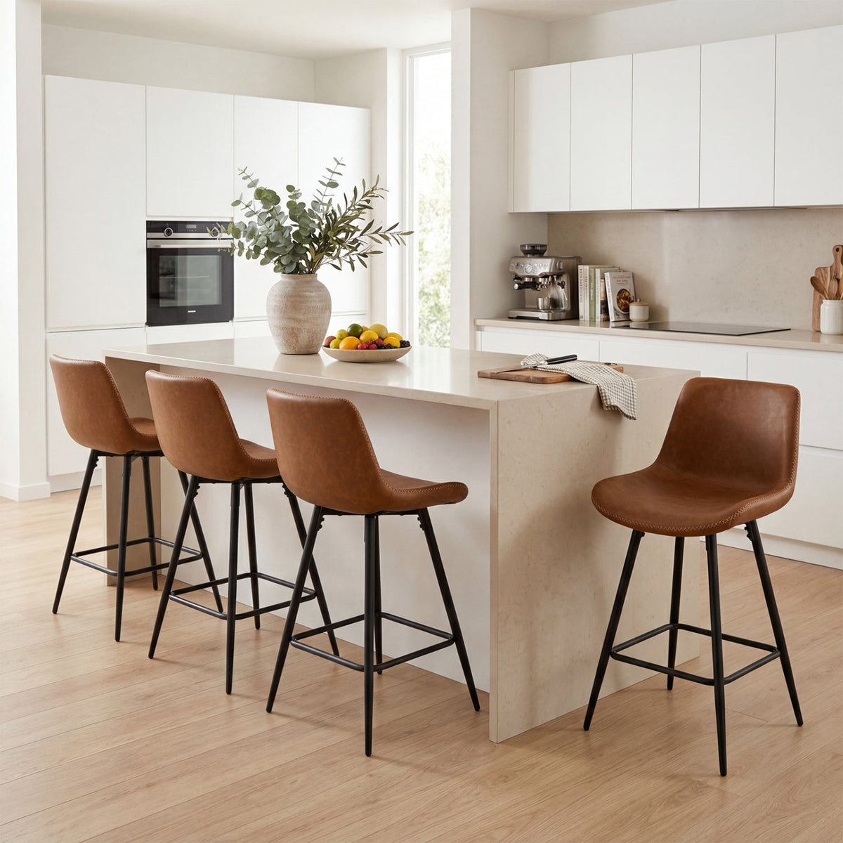 Set of 4 Counter Height Bar Stools with Curved Backs, Brown Faux Leather, 24 Inch Seat Height