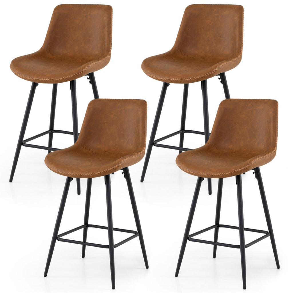 Set of 4 Counter Height Bar Stools with Curved Backs, Brown Faux Leather, 24 Inch Seat Height
