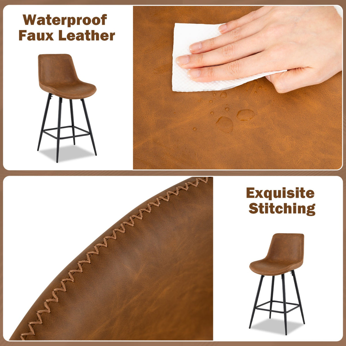 Set of 4 Counter Height Bar Stools with Curved Backs, Brown Faux Leather, 24 Inch Seat Height