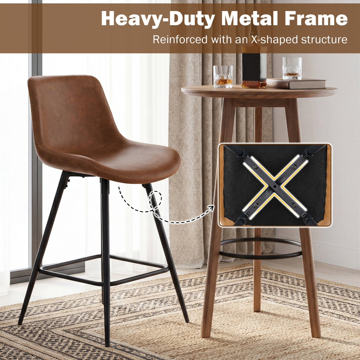 Set of 4 Counter Height Bar Stools with Curved Backs, Brown Faux Leather, 24 Inch Seat Height