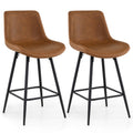 Set of 2 Counter Height Bar Stools with Curved Backs, Brown Faux Leather, 24 Inch Seat Height