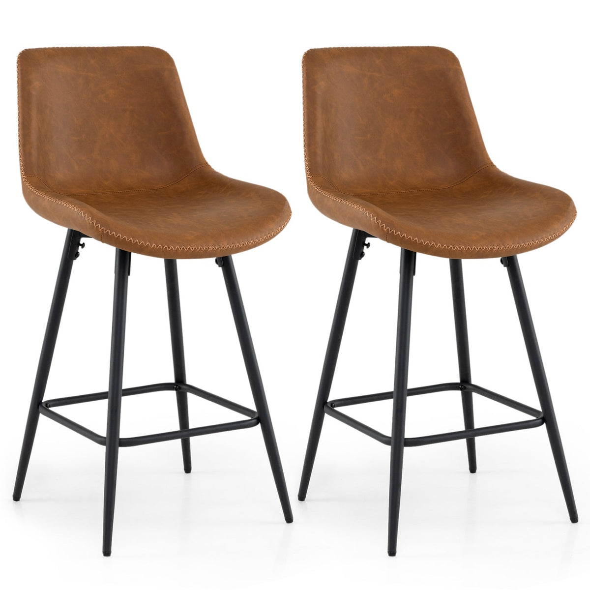 Set of 2 Counter Height Bar Stools with Curved Backs, Brown Faux Leather, 24 Inch Seat Height