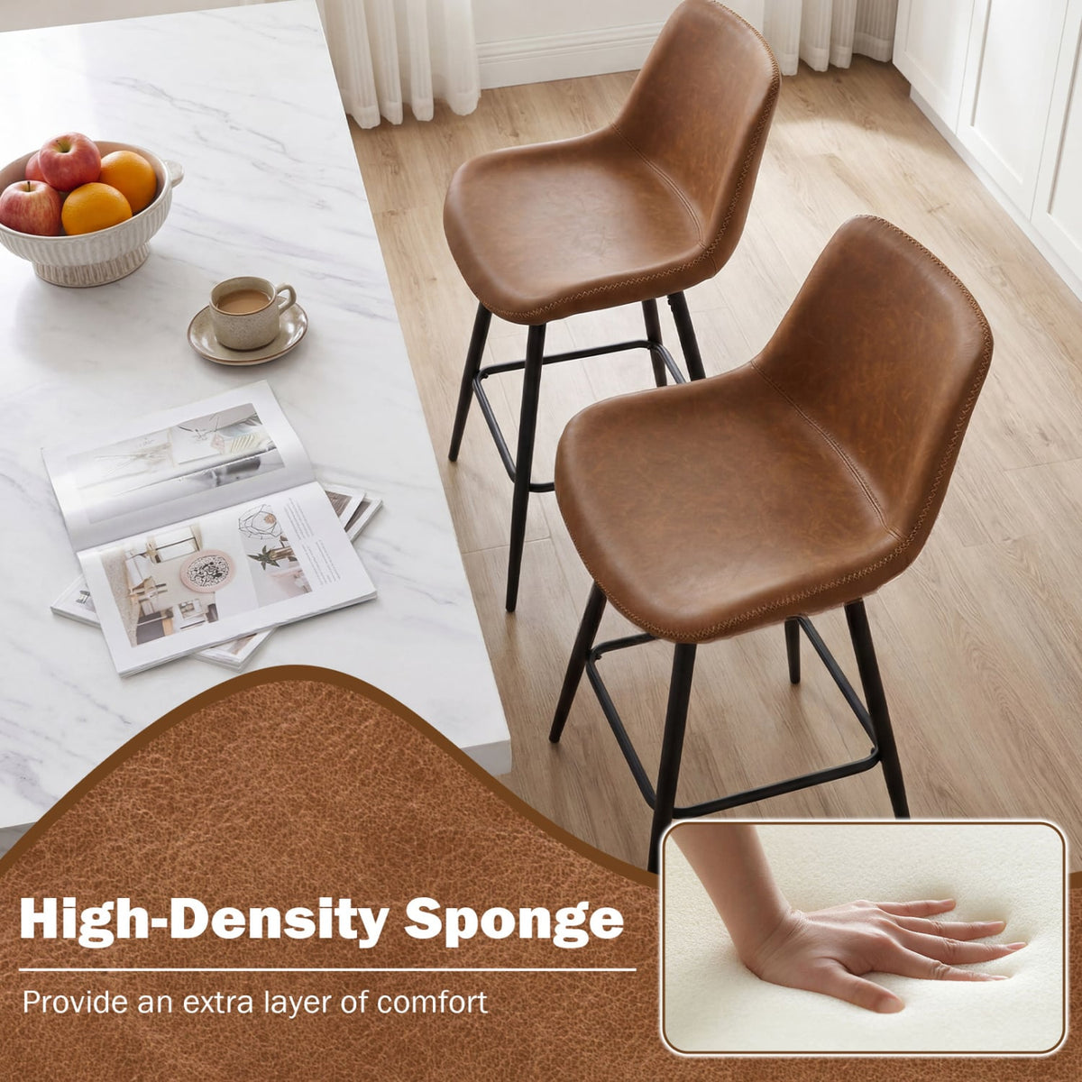 Set of 2 Counter Height Bar Stools with Curved Backs, Brown Faux Leather, 24 Inch Seat Height