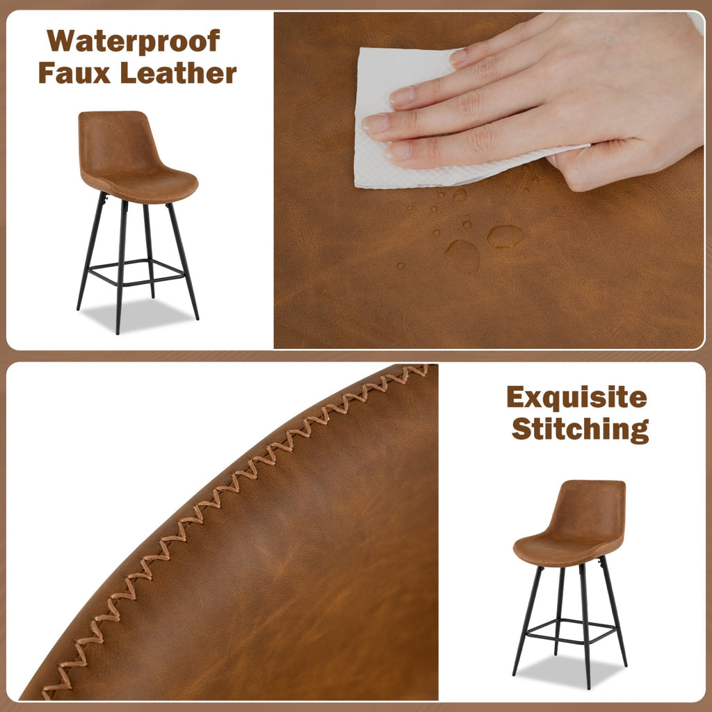 Set of 2 Counter Height Bar Stools with Curved Backs, Brown Faux Leather, 24 Inch Seat Height