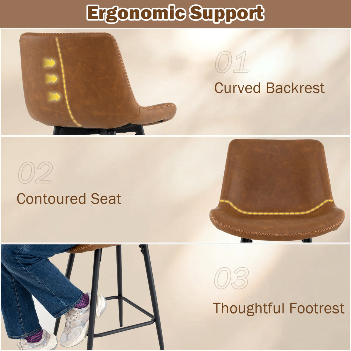 Set of 2 Counter Height Bar Stools with Curved Backs, Brown Faux Leather, 24 Inch Seat Height