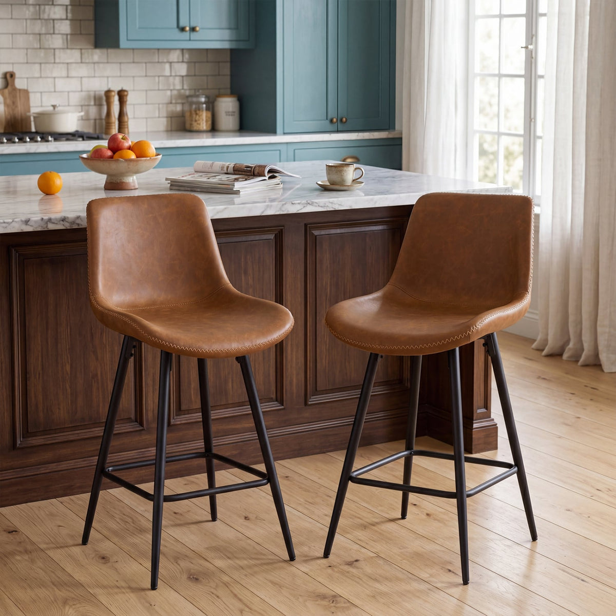 Set of 2 Counter Height Bar Stools with Curved Backs, Brown Faux Leather, 24 Inch Seat Height