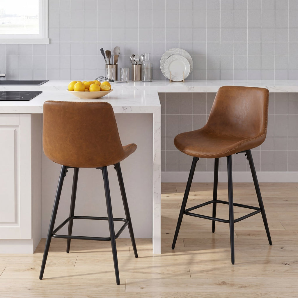 Set of 2 Counter Height Bar Stools with Curved Backs, Brown Faux Leather, 24 Inch Seat Height