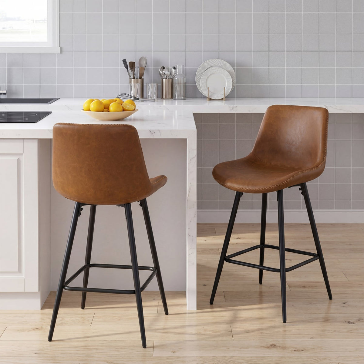 Set of 2 Counter Height Bar Stools with Curved Backs, Brown Faux Leather, 24 Inch Seat Height