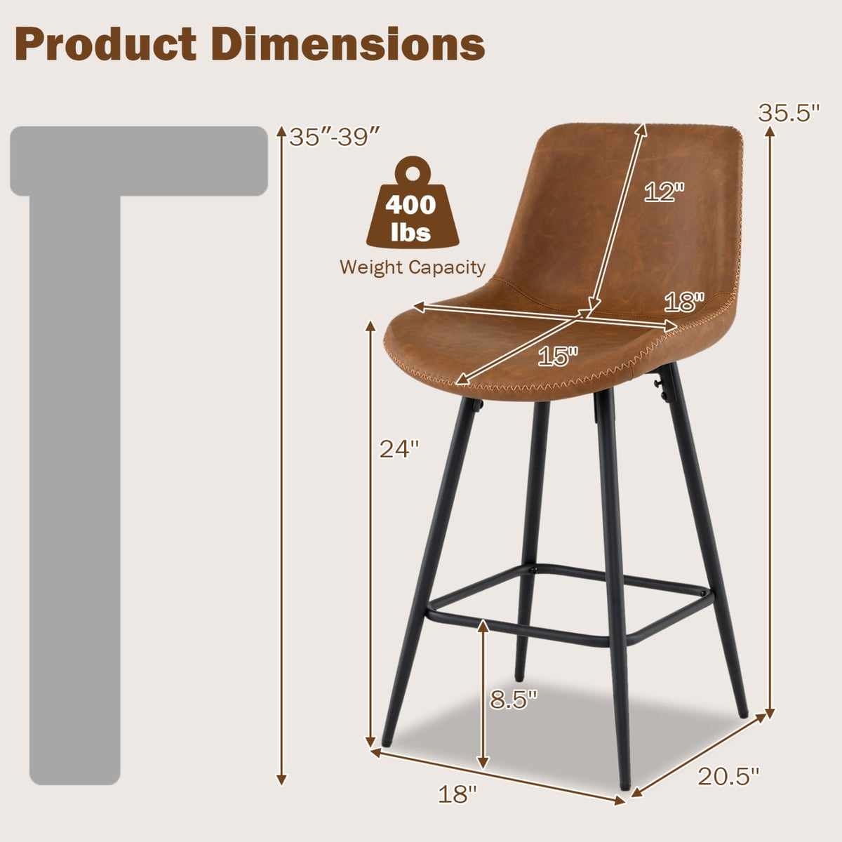 Set of 2 Counter Height Bar Stools with Curved Backs, Brown Faux Leather, 24 Inch Seat Height