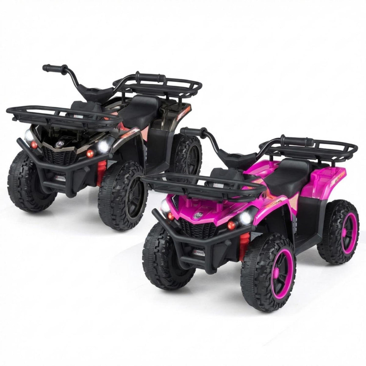 24V Kids Ride On ATV Quads, Pair of Two, One Black and One Pink, Dual 35W Motors and Storage Baskets, 66 lb Each