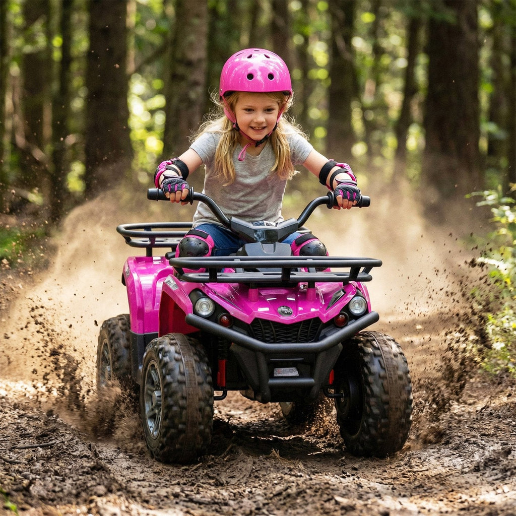 24V Kids Ride On ATV Quads, Pair of Two, One Black and One Pink, Dual 35W Motors and Storage Baskets, 66 lb Each
