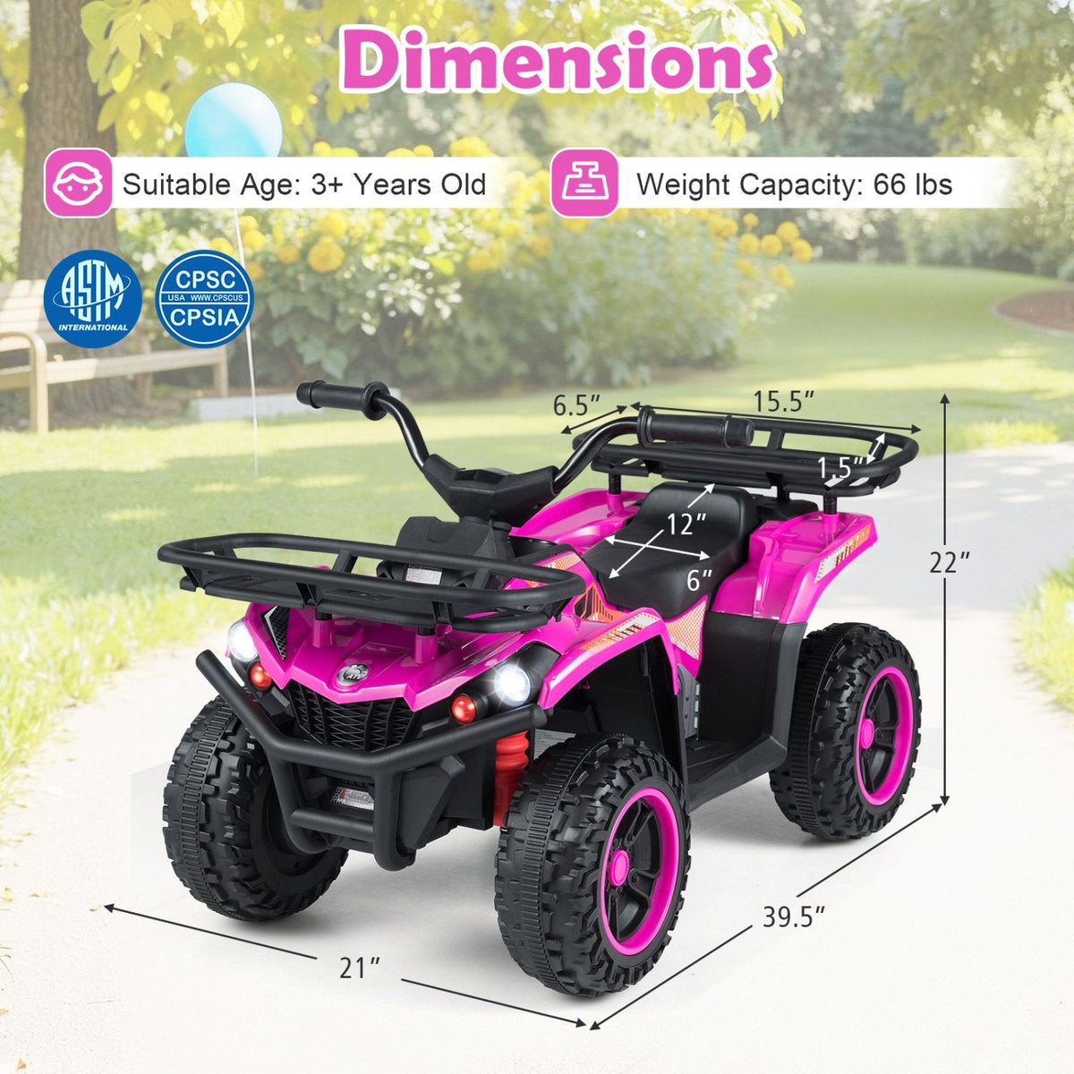 24V Kids Ride On ATV Quads, Pair of Two, One Black and One Pink, Dual 35W Motors and Storage Baskets, 66 lb Each