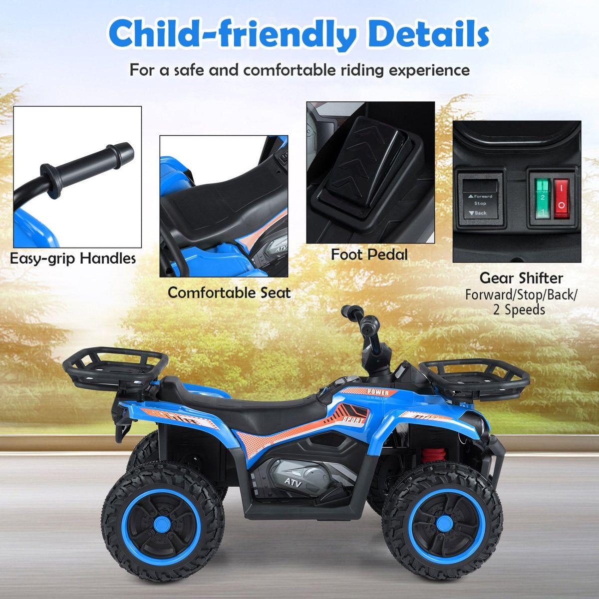 24V Kids Ride On ATV Quad with Gear Shifter, Two Speeds, Soft Start and Easy Grip Handles, 66 lb, Blue