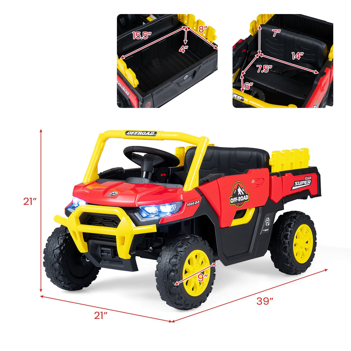 24V Kids Ride On Off Road Utility Truck with Multi Terrain Wheels, Rear Shocks and Parent Remote, 66 lb, Red