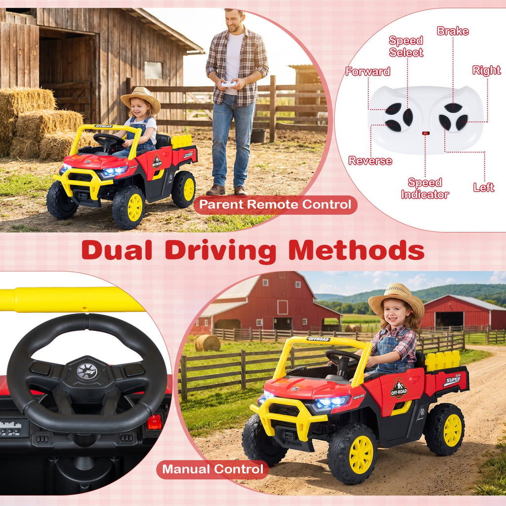 24V Kids Ride On Off Road Utility Truck with Multi Terrain Wheels, Rear Shocks and Parent Remote, 66 lb, Red