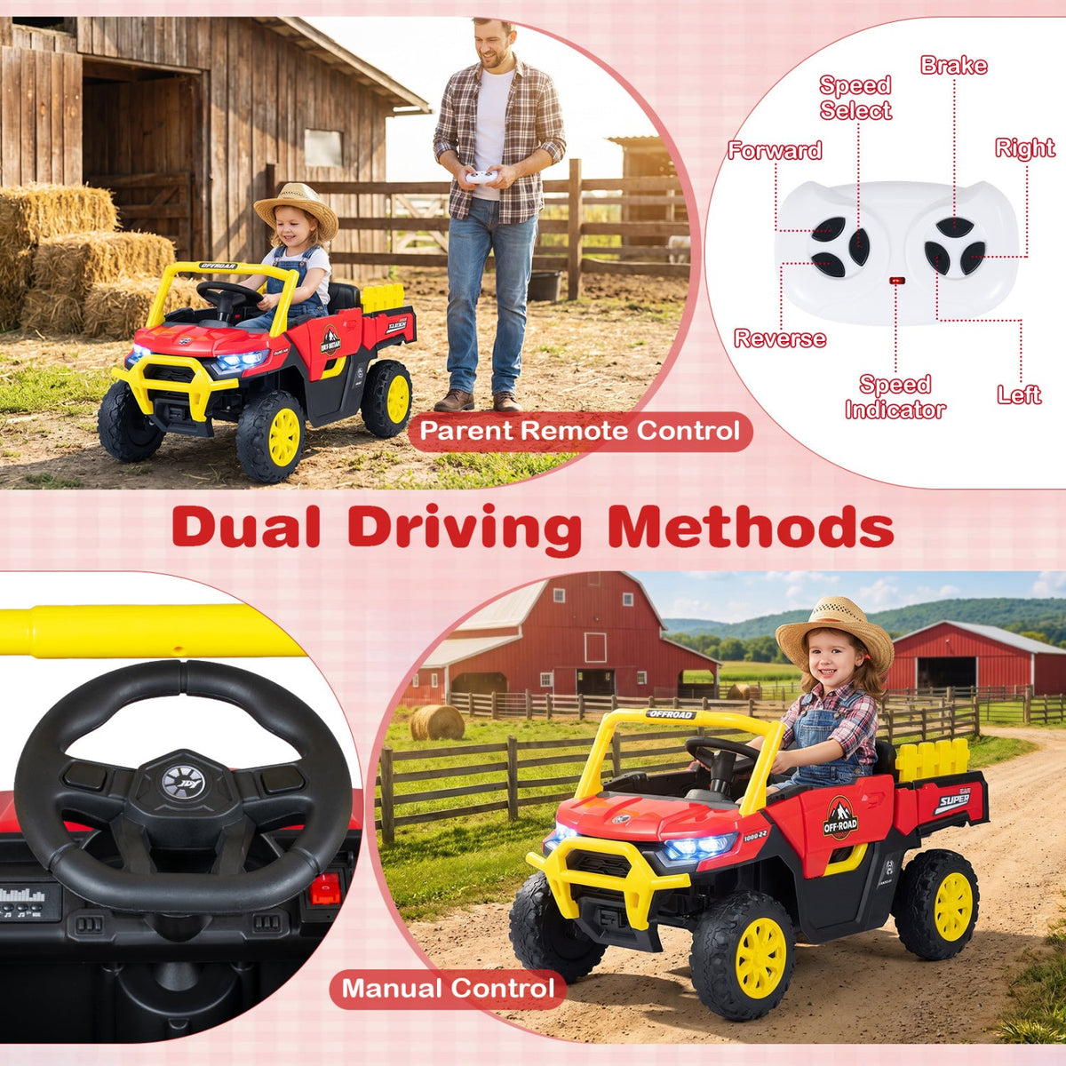 24V Kids Ride On Off Road Utility Truck with Multi Terrain Wheels, Rear Shocks and Parent Remote, 66 lb, Red