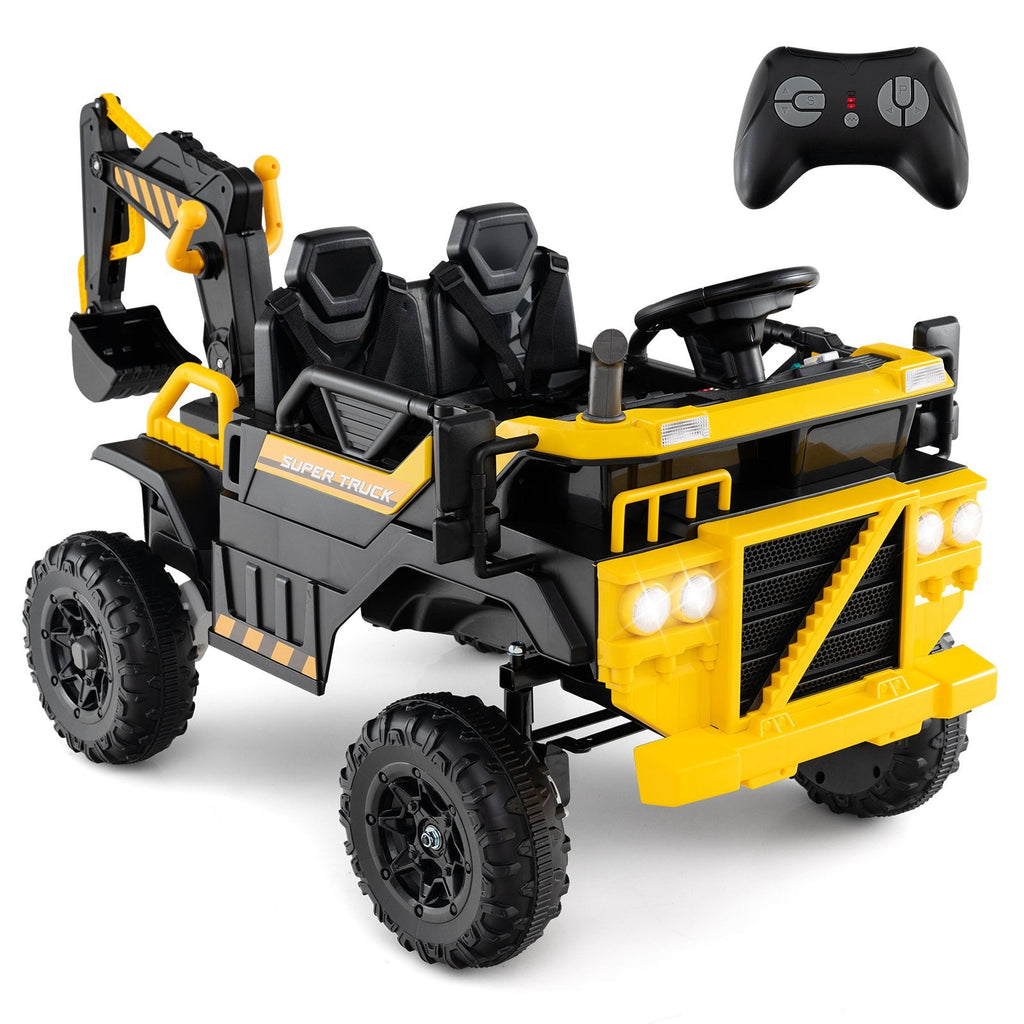 24V 4WD 2 Seater Kids Ride On Excavator with Working Digging Arm, Two Hand Levers and 3 Speed Remote, 110 lb, Yellow