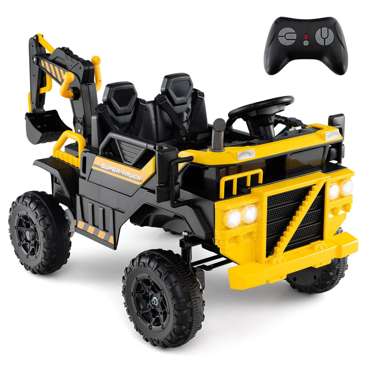 24V 4WD 2 Seater Kids Ride On Excavator with Working Digging Arm, Two Hand Levers and 3 Speed Remote, 110 lb, Yellow