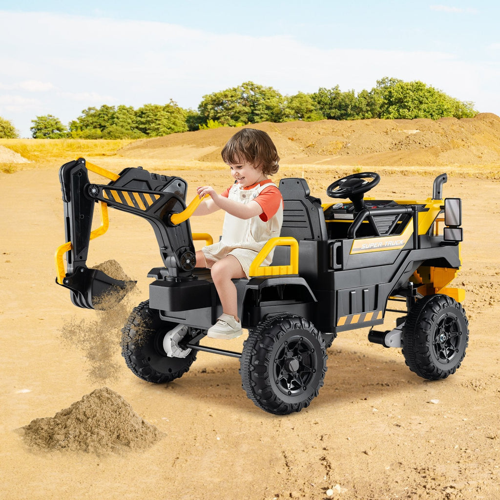 24V 4WD 2 Seater Kids Ride On Excavator with Working Digging Arm, Two Hand Levers and 3 Speed Remote, 110 lb, Yellow
