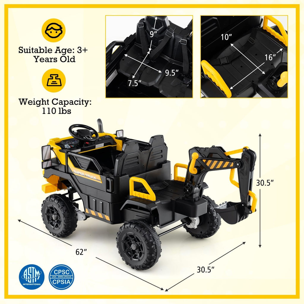 24V 4WD 2 Seater Kids Ride On Excavator with Working Digging Arm, Two Hand Levers and 3 Speed Remote, 110 lb, Yellow