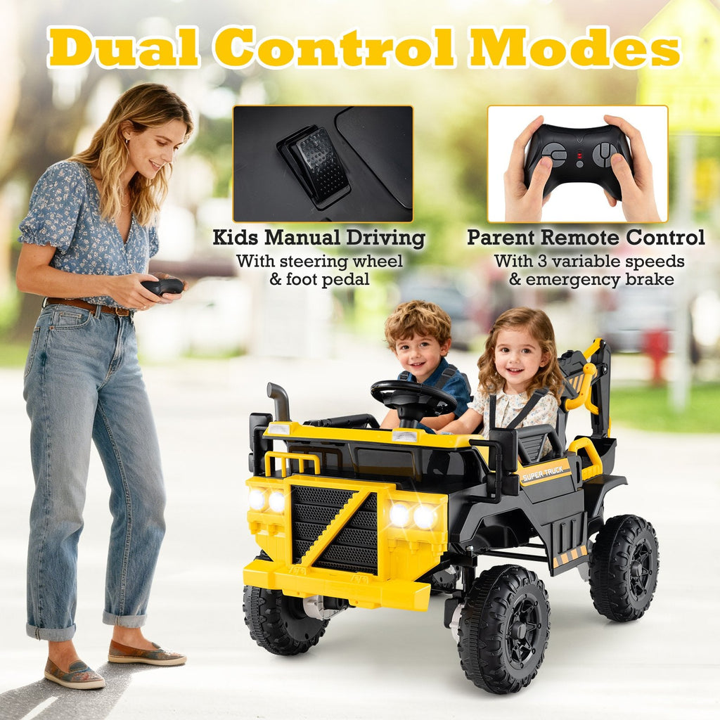 24V 4WD 2 Seater Kids Ride On Excavator with Working Digging Arm, Two Hand Levers and 3 Speed Remote, 110 lb, Yellow