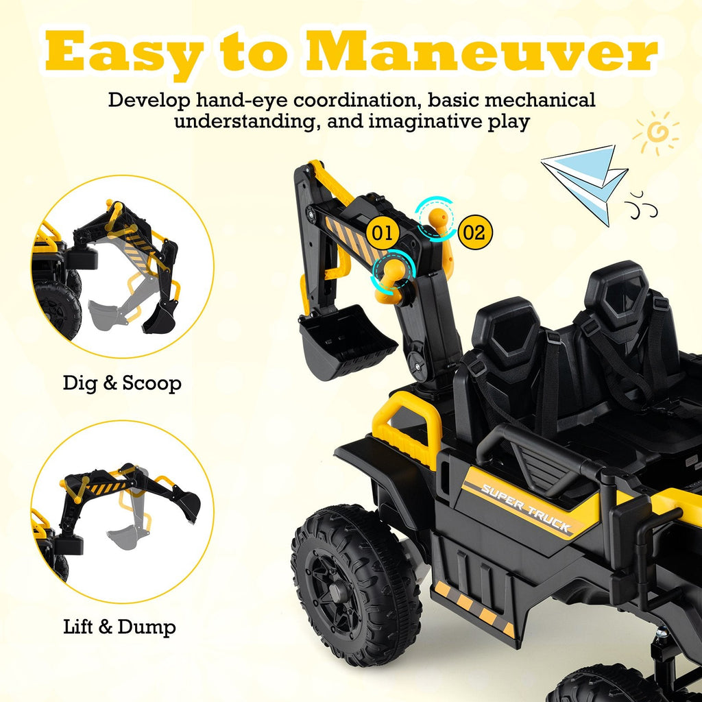 24V 4WD 2 Seater Kids Ride On Excavator with Working Digging Arm, Two Hand Levers and 3 Speed Remote, 110 lb, Yellow