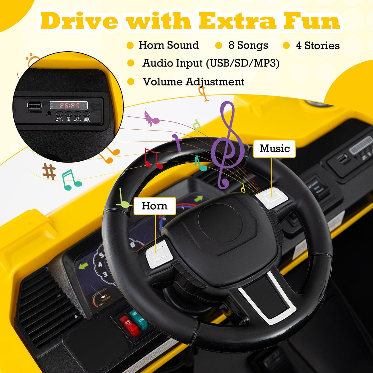 24V 4WD 2 Seater Kids Ride On Excavator with Working Digging Arm, Two Hand Levers and 3 Speed Remote, 110 lb, Yellow