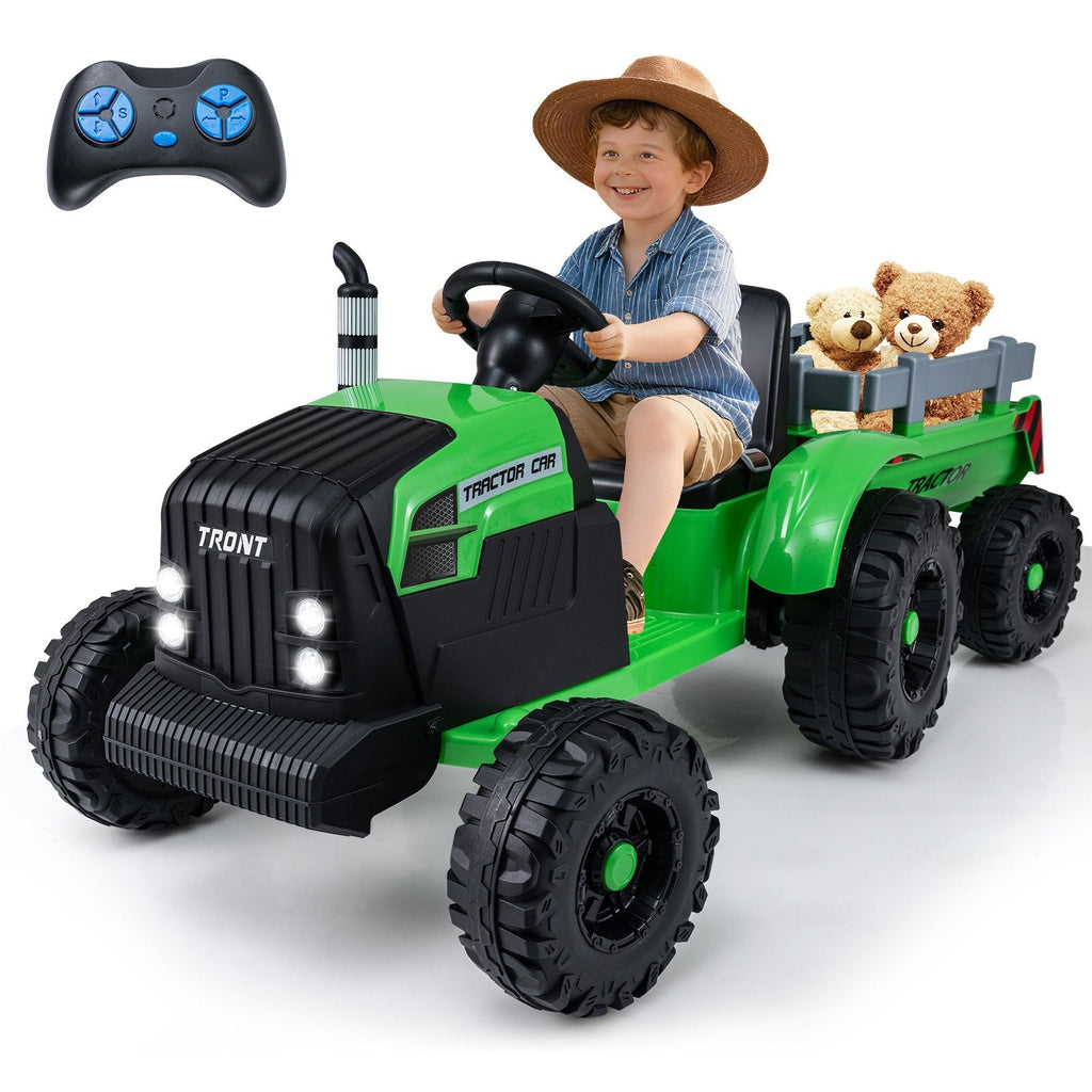 24V Kids Ride On Tractor with 2 in 1 Trailer Design, Six Anti Slip Wheels, Soft Start and Radio, Green