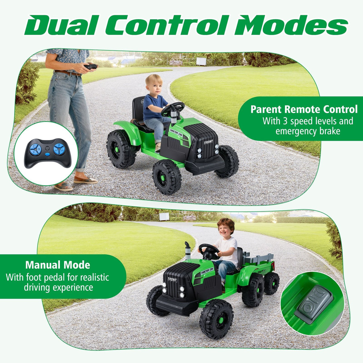 24V Kids Ride On Tractor with 2 in 1 Trailer Design, Six Anti Slip Wheels, Soft Start and Radio, Green