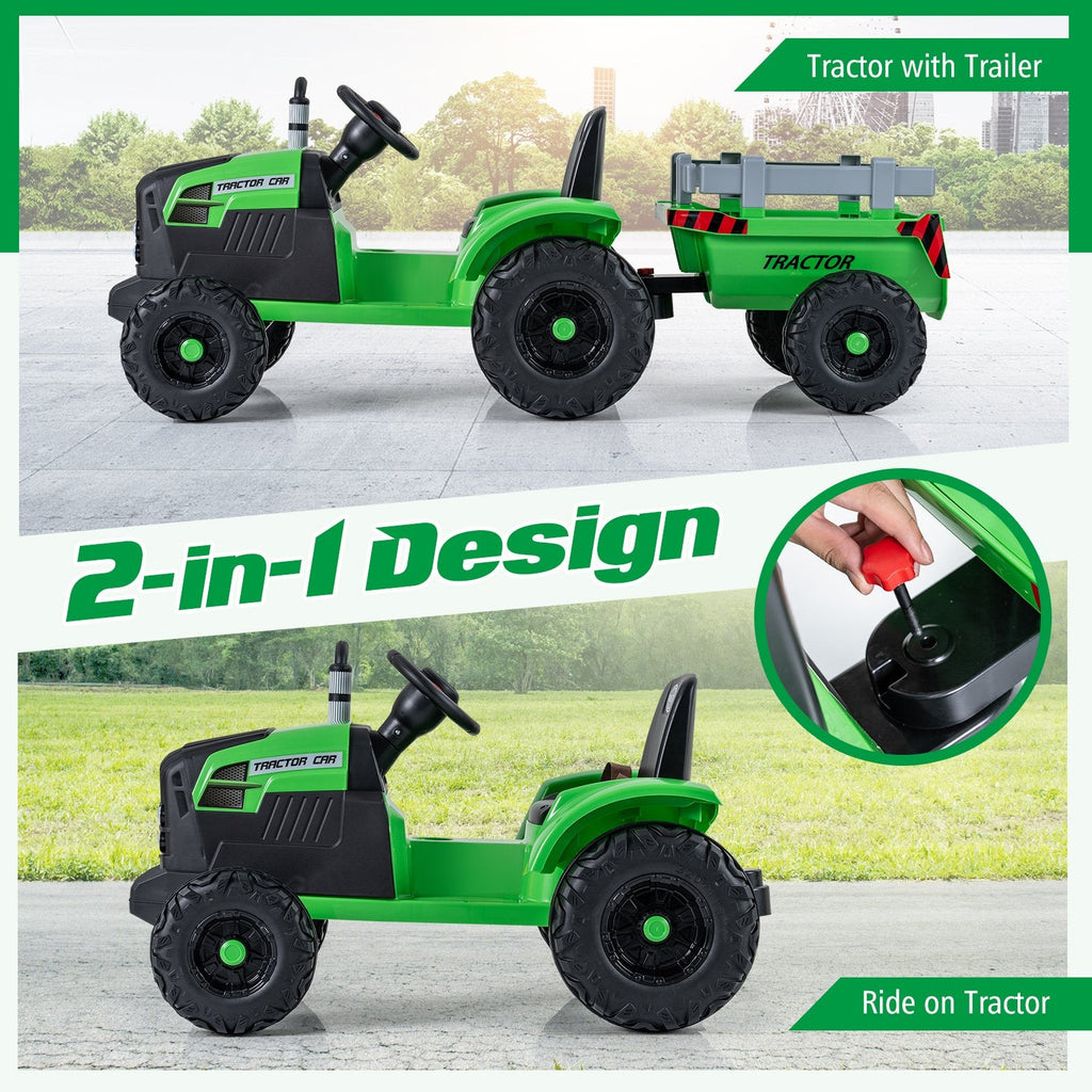 24V Kids Ride On Tractor with 2 in 1 Trailer Design, Six Anti Slip Wheels, Soft Start and Radio, Green