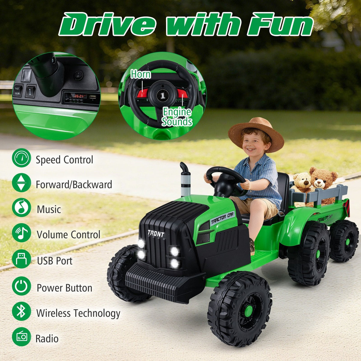 24V Kids Ride On Tractor with 2 in 1 Trailer Design, Six Anti Slip Wheels, Soft Start and Radio, Green