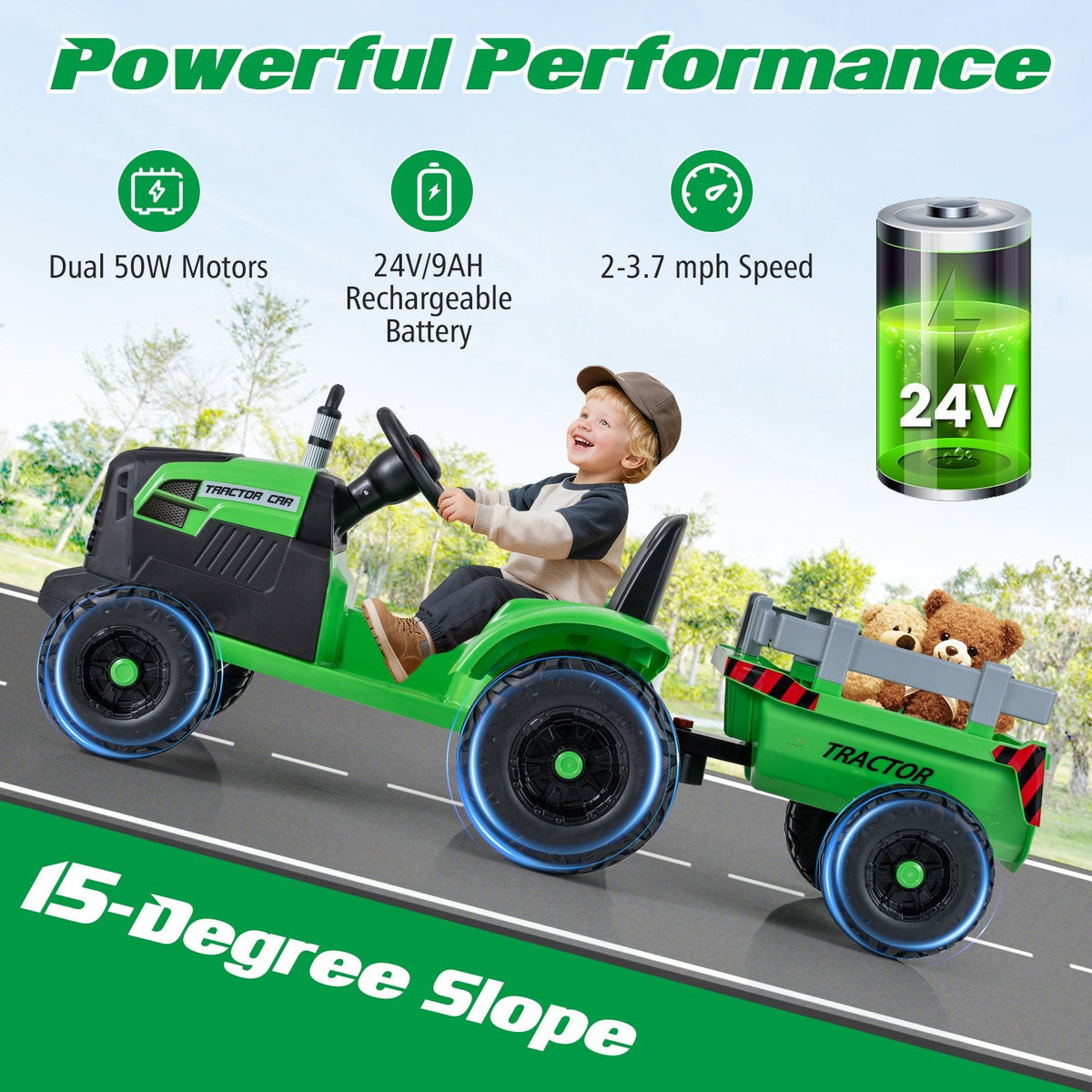 24V Kids Ride On Tractor with 2 in 1 Trailer Design, Six Anti Slip Wheels, Soft Start and Radio, Green