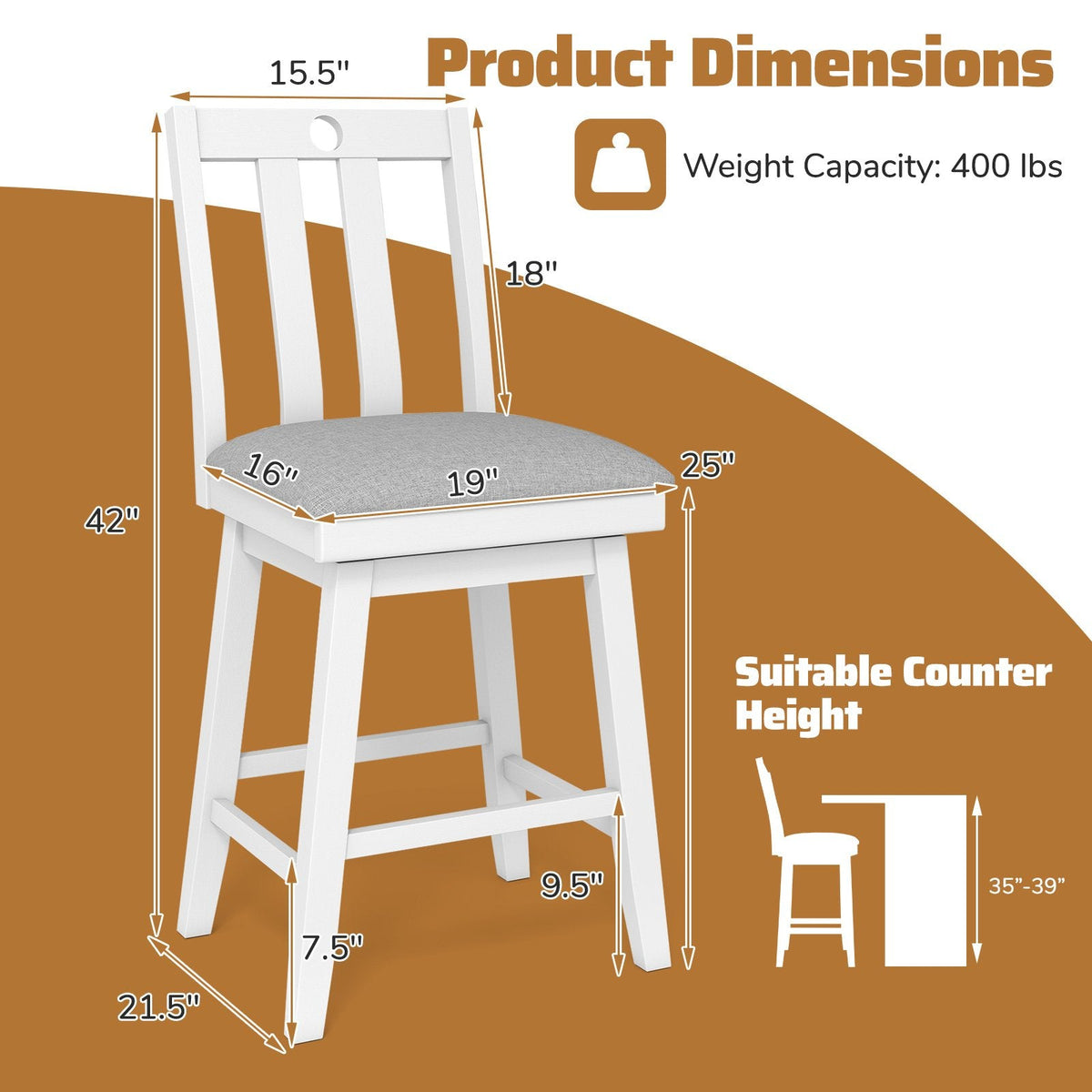 Set of 2 White Swivel Counter Stools with Slat Back and Grey Padded Seat, 25 Inch Seat Height