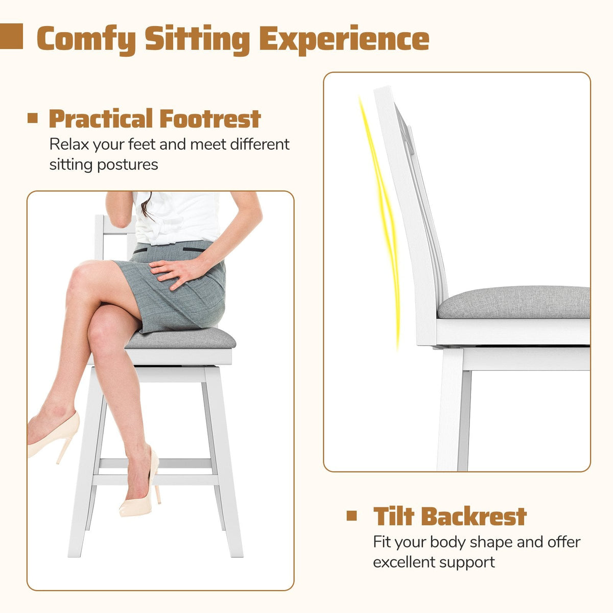 Set of 2 White Swivel Counter Stools with Slat Back and Grey Padded Seat, 25 Inch Seat Height