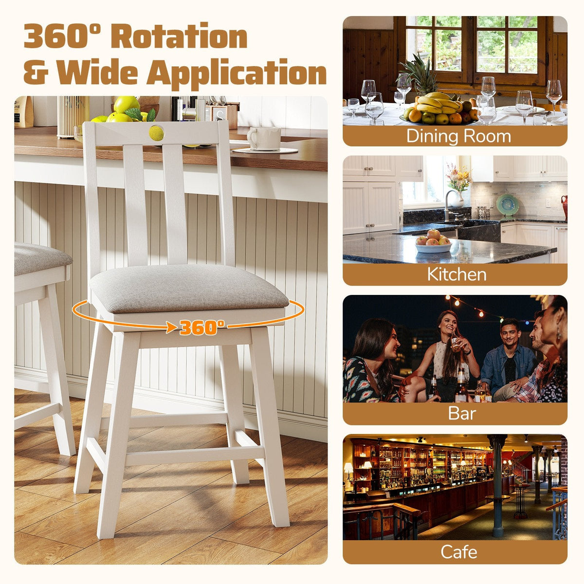 Set of 2 White Swivel Counter Stools with Slat Back and Grey Padded Seat, 25 Inch Seat Height
