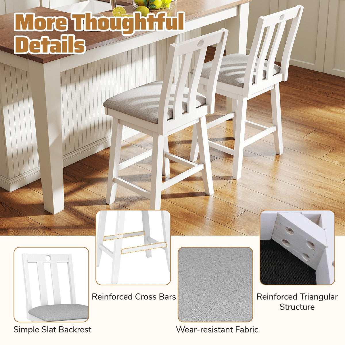 Set of 2 White Swivel Counter Stools with Slat Back and Grey Padded Seat, 25 Inch Seat Height