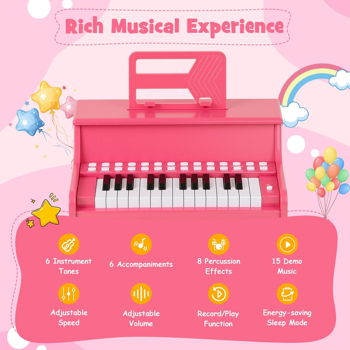 25 Keys Kids Piano Keyboard with Adjustable Speed and Teaching Mode-Pink