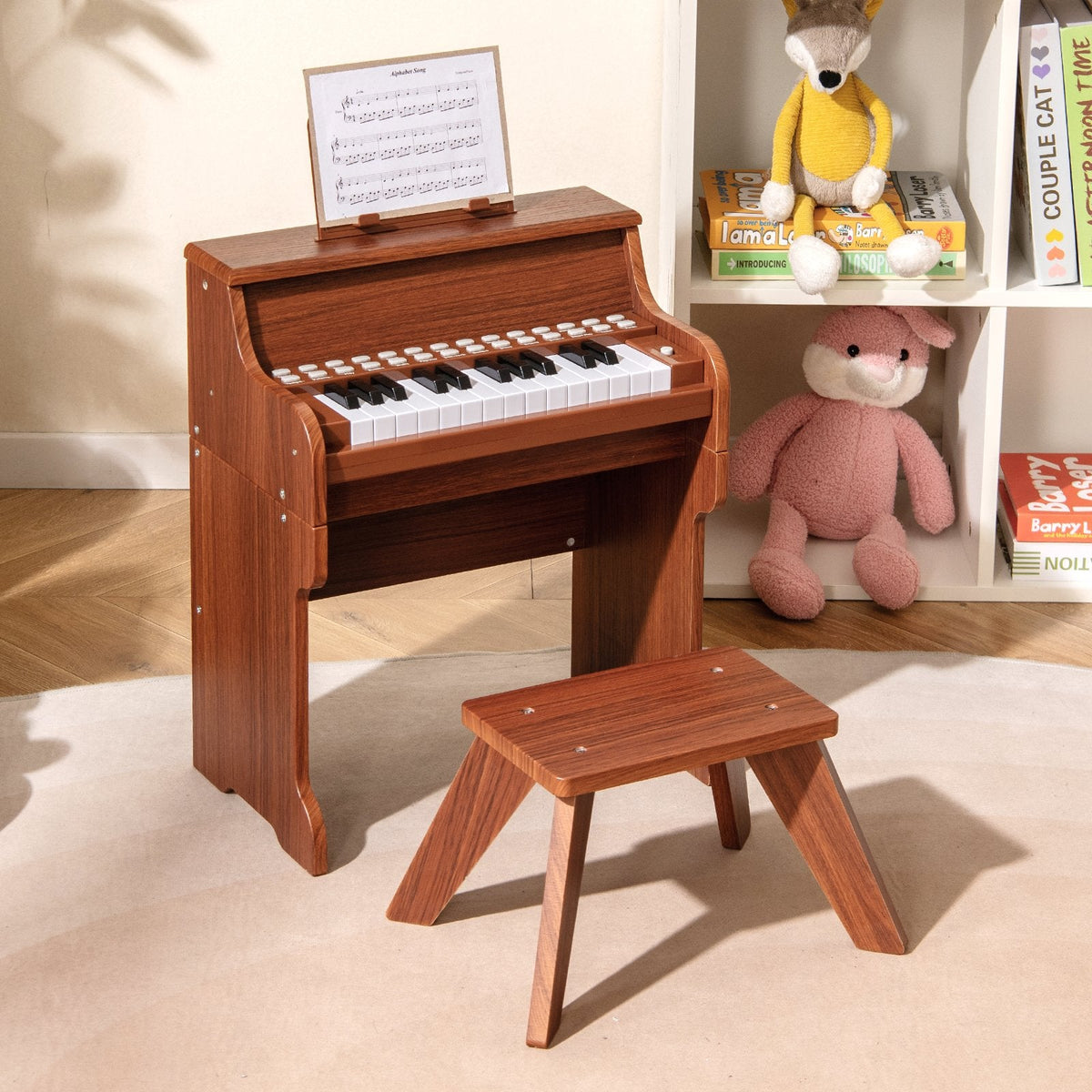 25 Keys Kids Piano Keyboard with Stool Mini Digital Piano Wooden Toy with Adjustable Speed and Volume-Brown