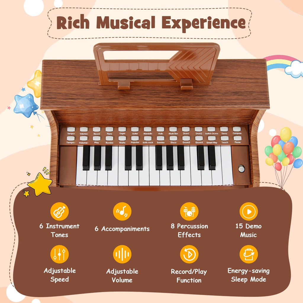 25 Keys Kids Piano Keyboard with Stool Mini Digital Piano Wooden Toy with Adjustable Speed and Volume-Brown