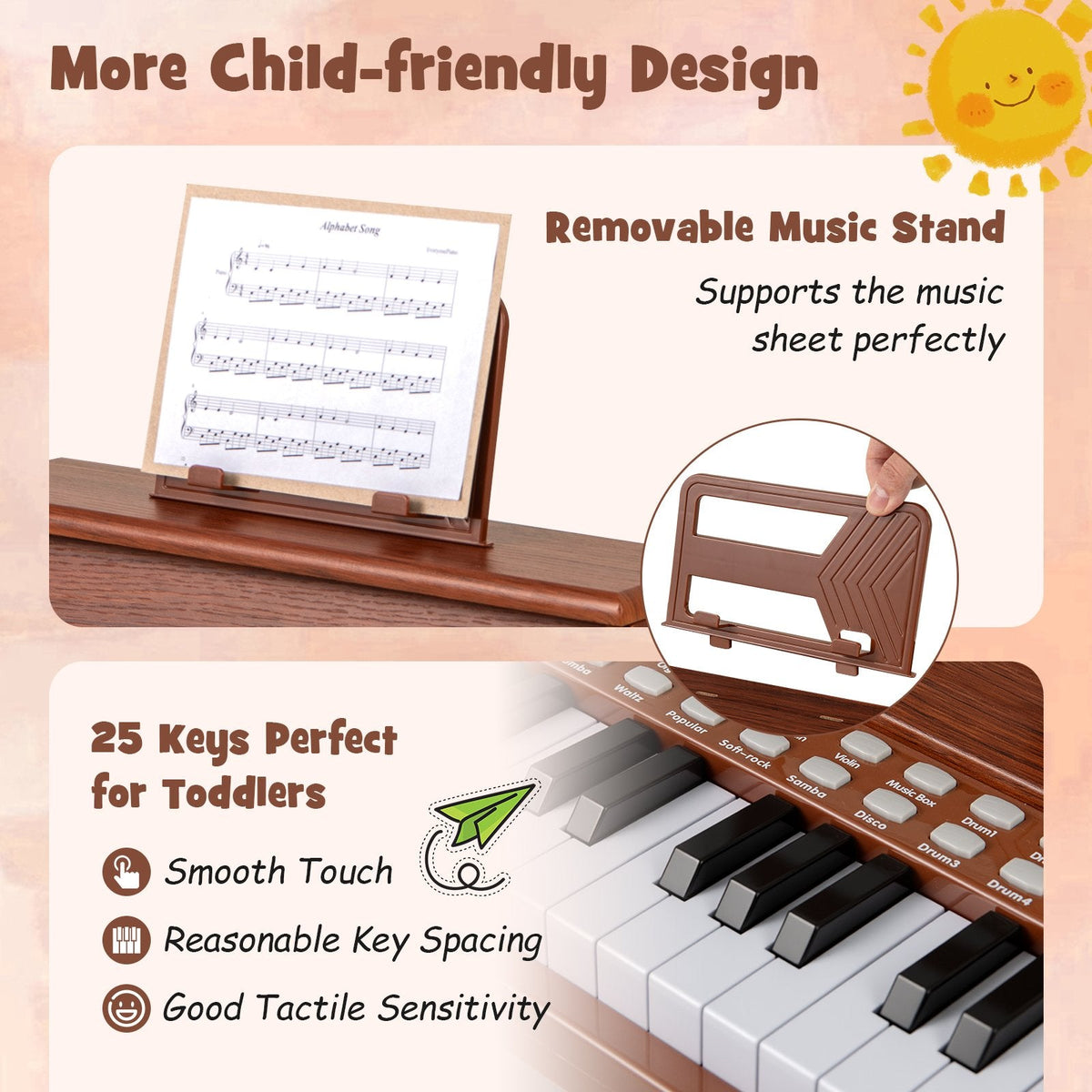 25 Keys Kids Piano Keyboard with Stool Mini Digital Piano Wooden Toy with Adjustable Speed and Volume-Brown