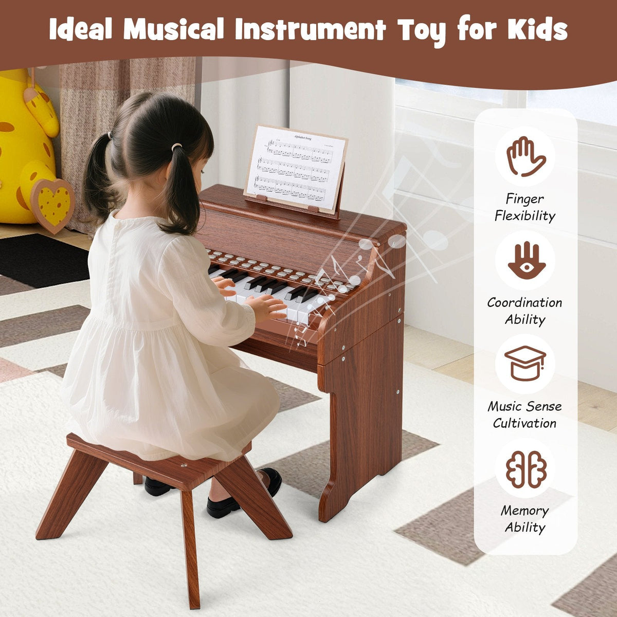25 Keys Kids Piano Keyboard with Stool Mini Digital Piano Wooden Toy with Adjustable Speed and Volume-Brown