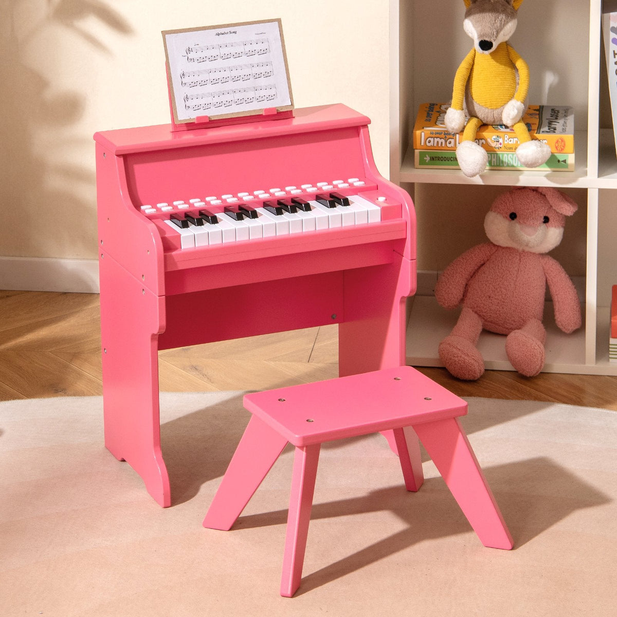 25 Keys Kids Piano Keyboard with Stool Mini Digital Piano Wooden Toy with Adjustable Speed and Volume-Pink