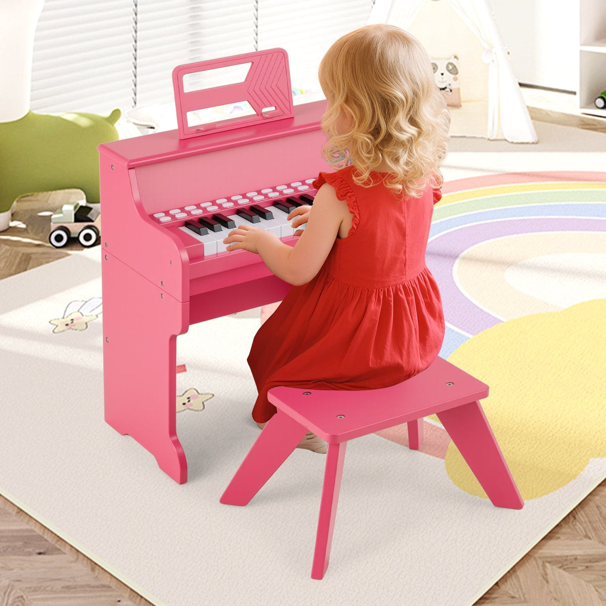 25 Keys Kids Piano Keyboard with Stool Mini Digital Piano Wooden Toy with Adjustable Speed and Volume-Pink