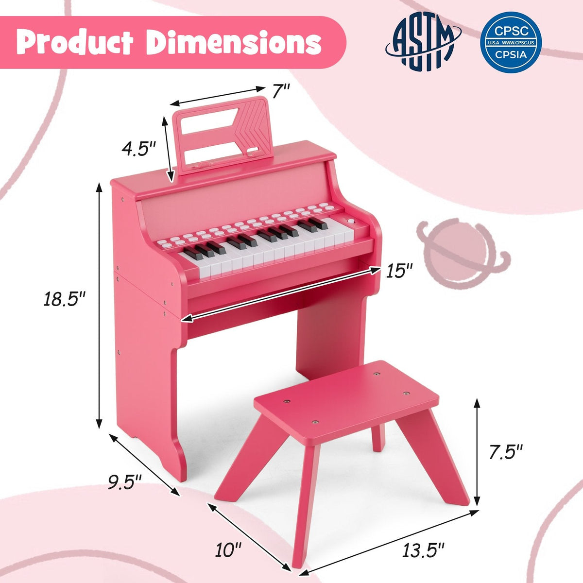 25 Keys Kids Piano Keyboard with Stool Mini Digital Piano Wooden Toy with Adjustable Speed and Volume-Pink
