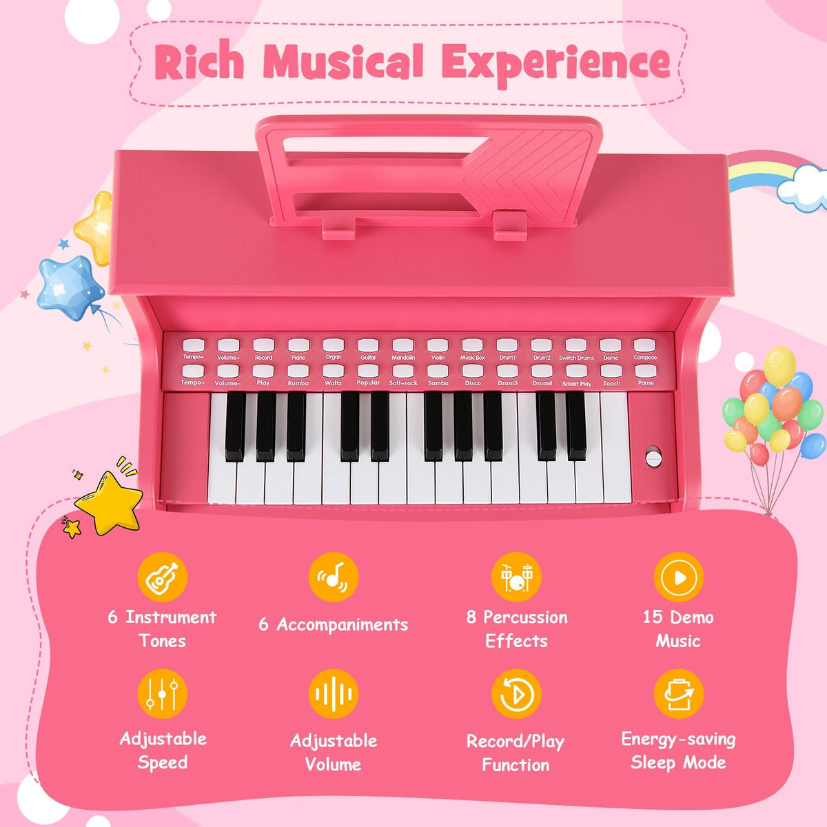 25 Keys Kids Piano Keyboard with Stool Mini Digital Piano Wooden Toy with Adjustable Speed and Volume-Pink