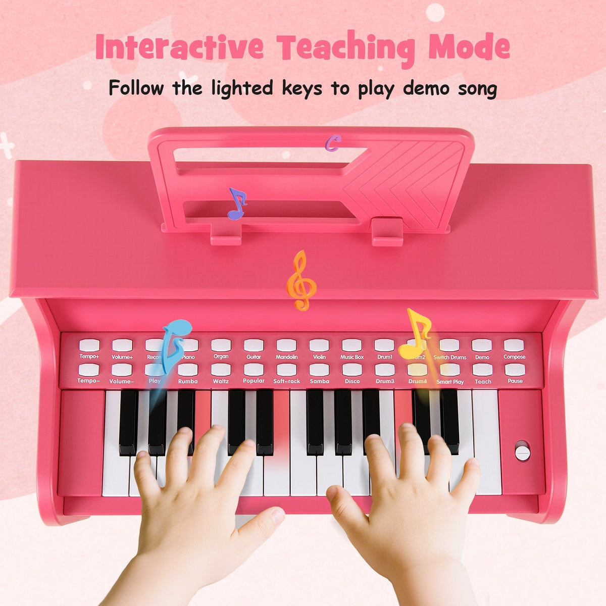 25 Keys Kids Piano Keyboard with Stool Mini Digital Piano Wooden Toy with Adjustable Speed and Volume-Pink