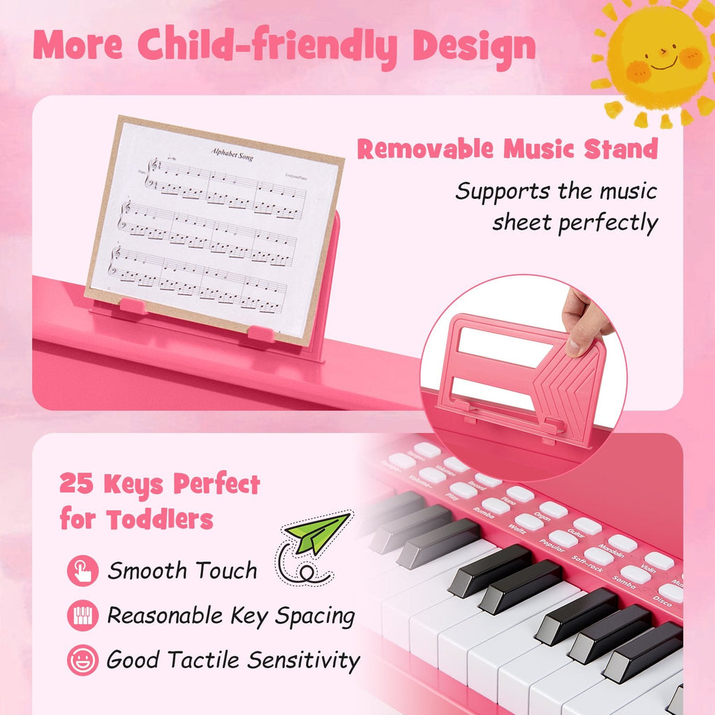 25 Keys Kids Piano Keyboard with Stool Mini Digital Piano Wooden Toy with Adjustable Speed and Volume-Pink