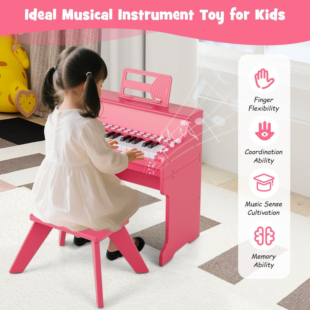 25 Keys Kids Piano Keyboard with Stool Mini Digital Piano Wooden Toy with Adjustable Speed and Volume-Pink