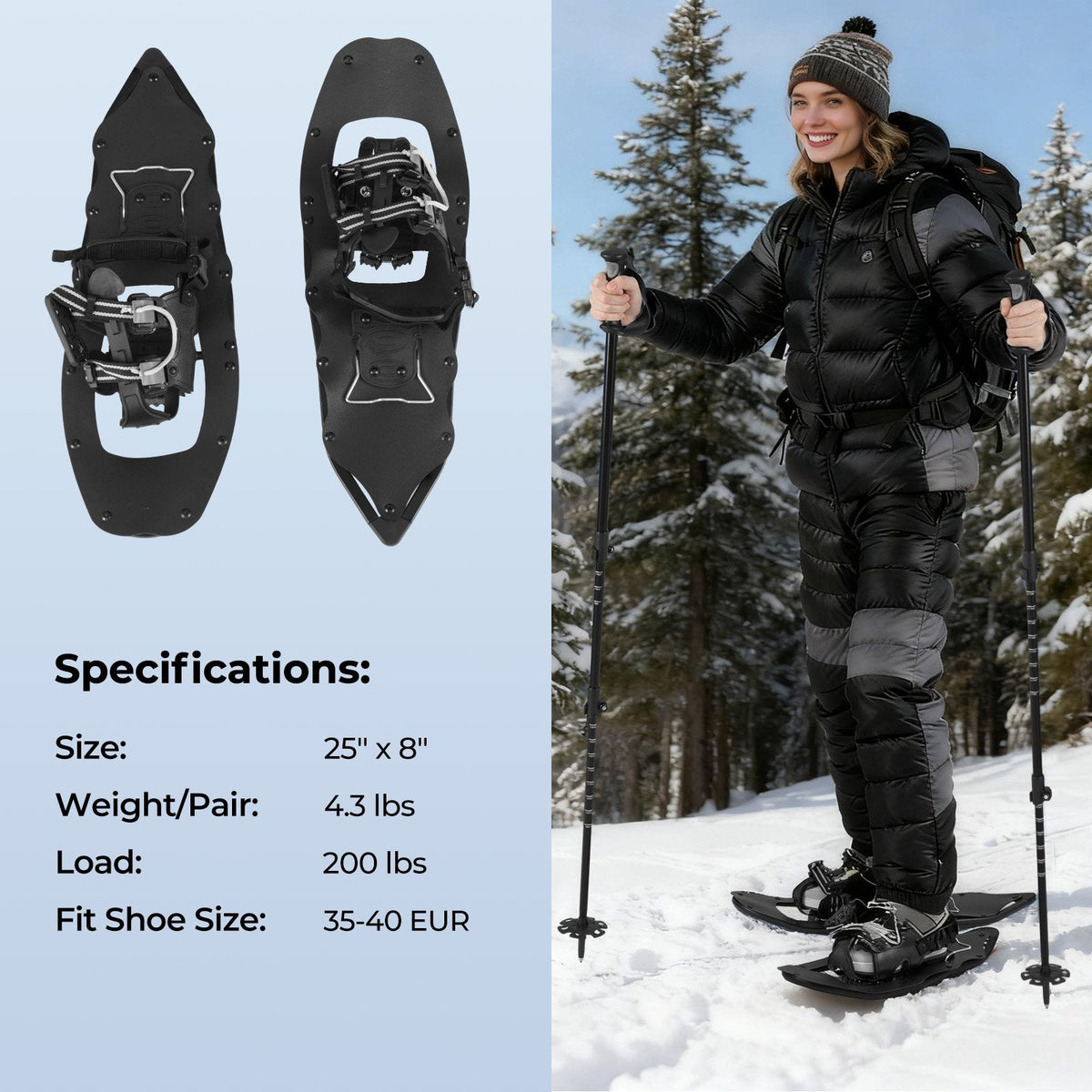 25” Snowshoes with Trekking Poles-Black