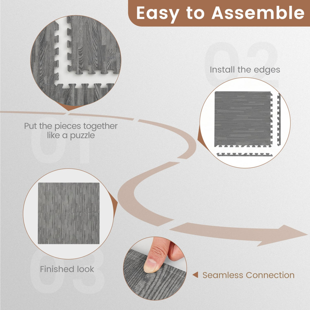 25 Tiles Wood Grain Foam Floor Mats with Borders-Gray
